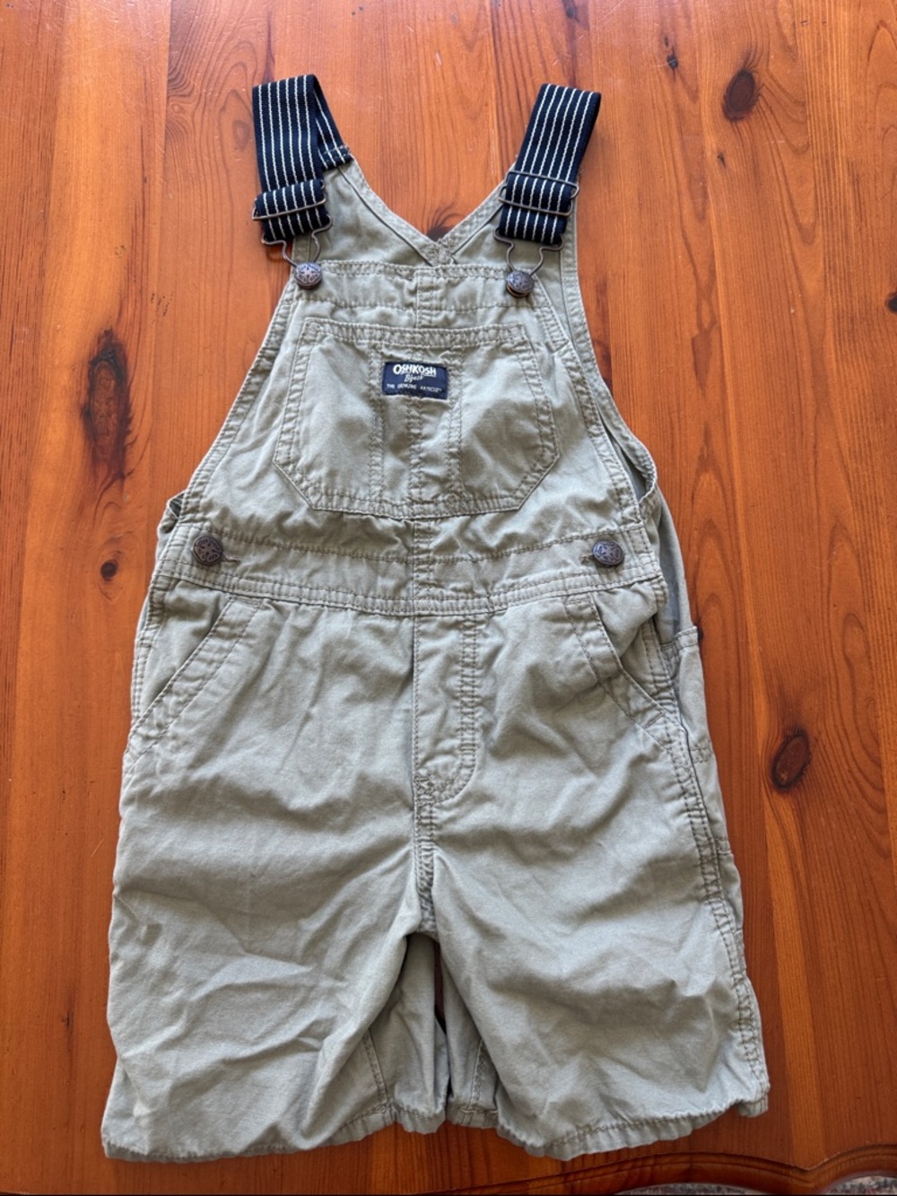 OshKosh B'gosh Olive Short Overalls with Striped Straps